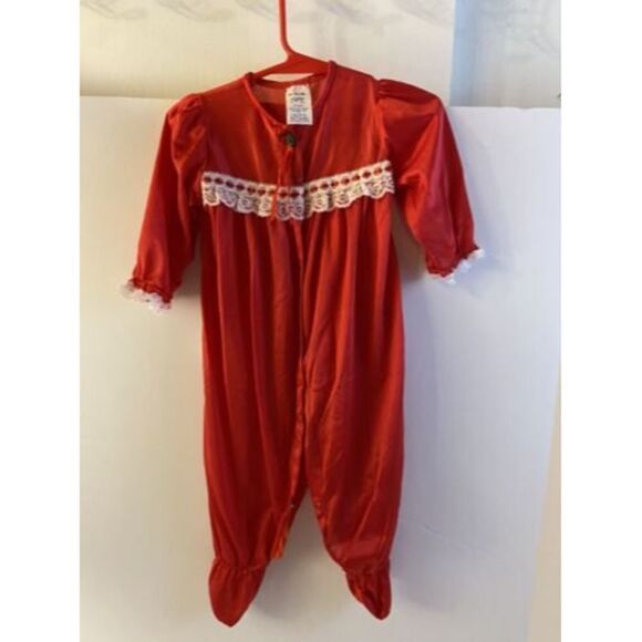 Vintage Moon Beam Baby Girl 12 M One-Piece Red Nylon Sleeper Lace Ruffles Usa - Picture 1 of 5